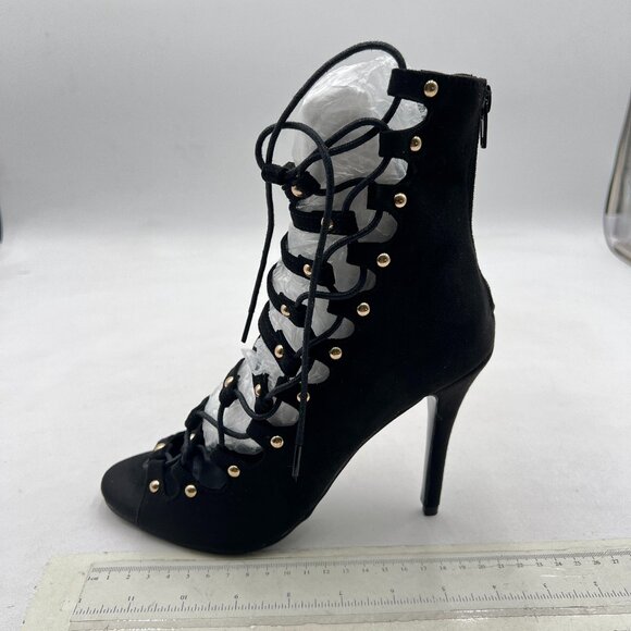 Black Peep Toe Lace Up Studded Ankle Boots Classic Stiletto High Heel Dress Boot - Picture 1 of 7